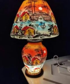 Illuminate Your World: Hand-Painted Camel Skin Table Lamp  - Village & River Scene