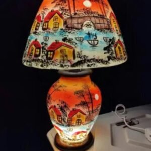 Illuminate Your World: Hand-Painted Camel Skin Table Lamp  - Village & River Scene